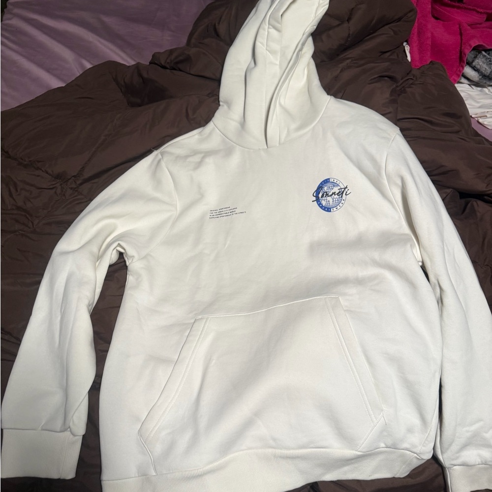 White Hoodie with Blue Graphic
